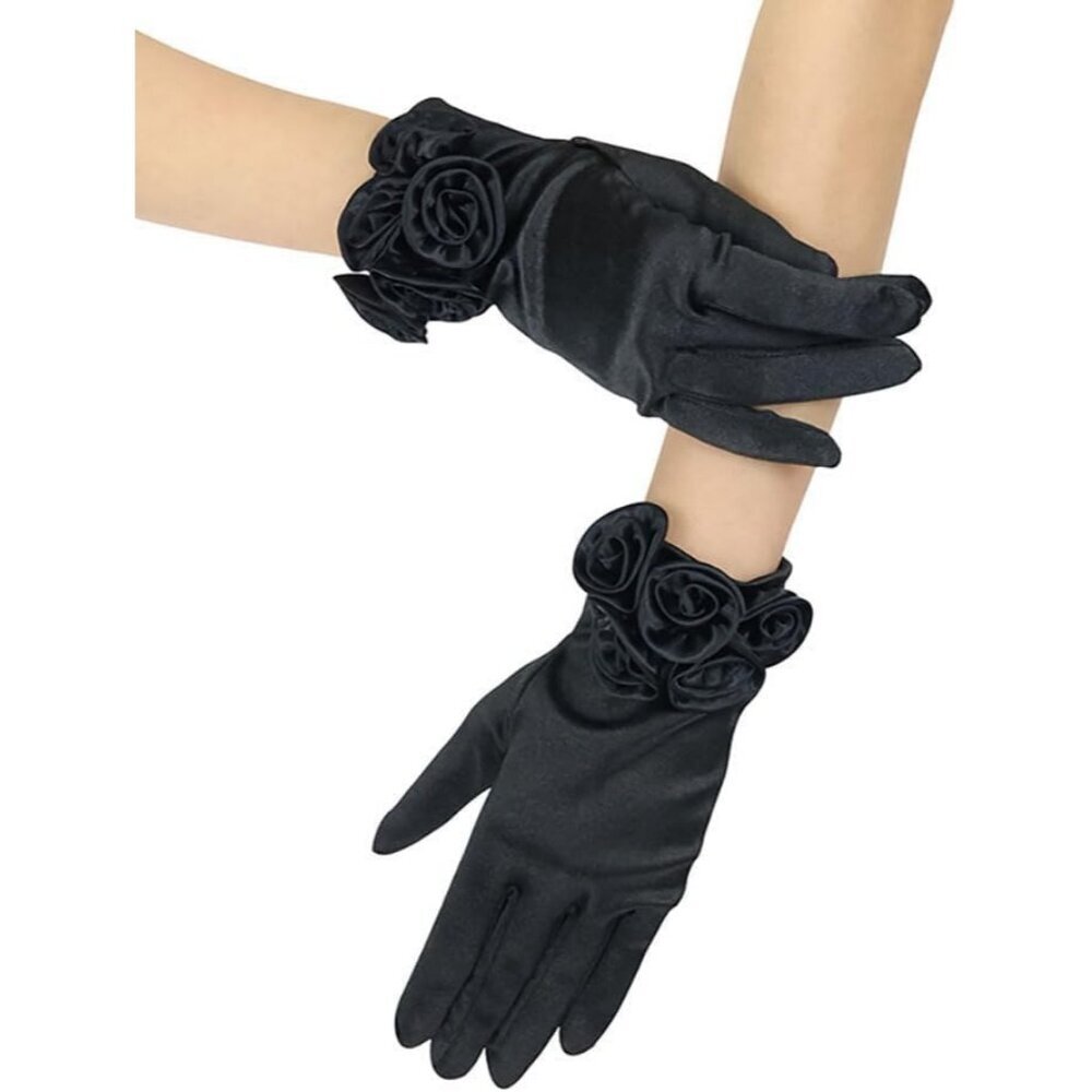 Women's Black Elegant Floral Satin Short Gloves Wedding Dress Party Accessories